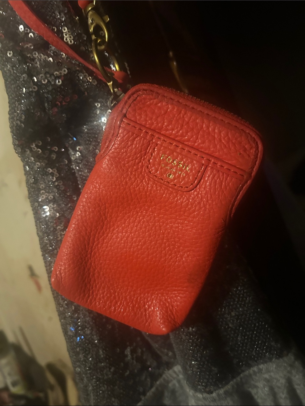 Fossil Pebbled Leather Red Pouch with Clip